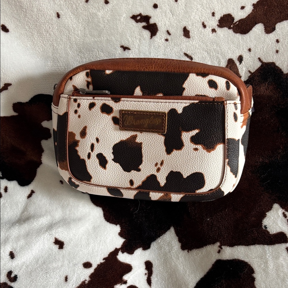 Wrangler Brown and White Cowhide-Print Crossbody Pouch with Patterned Strap